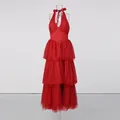 Close-up detail of the red polka dot tiered mesh skirt on this romantic halter dress - S / Top And Bottom / Red
