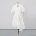 Elegant white V-neck tea-break dress with lace puff sleeves and an asymmetrical hemline - S / Top And Bottom / White