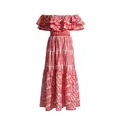 Elegant French style off-shoulder maxi dress with red embroidery and tiered ruffle skirt - S / Top And Bottom / Red