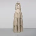 Vintage halter V-neck polka dot dress with multi-layer tulle tiered skirt details - S / Top And Bottom / Apricot