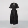 Front view of elegant black V-neck maxi dress with lace details and puff sleeves - S / Black