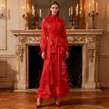 Elegant red French style ruffle long sleeve evening gown in a formal interior setting. - S / Top And Bottom / Red
