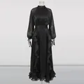 Detail of French style black evening dress with ruffle design and long sleeves - S / Top And Bottom / Black