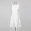 Full front view of elegant sleeveless white lace embroidery mini dress on mannequin - S / White