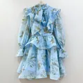 Vestido de malla con flores azules de estilo francés con volantes y mangas de campana - S / Top Y Pantalón / Azul