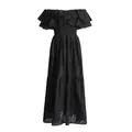Elegant black off-shoulder maxi dress with ruffle eyelet embroidery and tiered skirt detail - S / Top And Bottom / Black