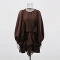 Front view of a brown palace style mini dress with puff lantern sleeves and ruffles - S / Top And Bottom / Coffee