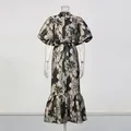 Elegant floral print maxi dress with puff sleeves and belted waist for spring - XL / Top And Bottom / Gray