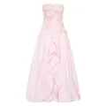 Elegant pink strapless evening gown featuring 3D floral applique and ruffle details - S / Top And Bottom / Pink