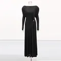Elegant black long-sleeved evening gown featuring a stylish waist twist and gold buckle - S / Tops / Black