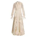 Elegant French style cream evening maxi dress featuring ruffles and long sleeves with bow neck. - S / Top And Bottom / Apricot