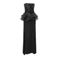 Elegante vestido largo ajustado negro palabra de honor con retazos de malla con volantes - S / Negro