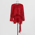 Close-up detail of a red pleated mini dress featuring bubble sleeves and a ruffle hem - S / Top And Bottom / Red
