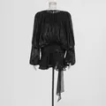 Elegant black pleated mini dress featuring puffy lantern sleeves and a ruffled hem detail - S / Top And Bottom / Black