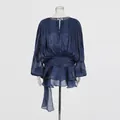 Elegant deep blue pleated mini dress with puff sleeves and tiered ruffle details. - S / Top And Bottom / Navy Blue