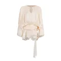 Close-up of pleated champagne mini dress with puff sleeves and tie waist detail. - S / Dresses / Apricot