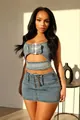 Western style blue denim two-piece set featuring buckle cut-out top and mini skirt - S / Top And Bottom / Light Blue
