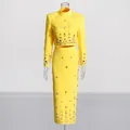 Detail of bright yellow two-piece set with heavy rhinestone and bead embellishments - S / Top And Bottom / Yellow