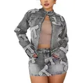 Detail of grey acid wash denim set featuring unique T-patch embroidery on jacket and skirt - S / Top And Bottom / Black and Gray