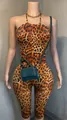Sexy leopard print halter neck bodycon jumpsuit shown on mannequin with green handbag - S / Top And Bottom / Classic Leopard Print