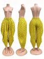 Stylish yellow high-waisted harem pants with black polka dots shown from three angles - Yellow Polka Dot