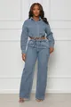 Conjunto de dos piezas de mezclilla con camisa corta de manga larga y pantalón ancho. - S / Top Y Pantalón / Azul