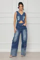 Zweiteiliges Set aus Denim-Weste und weit geschnittener Cargohose für Damen in Blau. - S / Oberteil und Hose / Blau