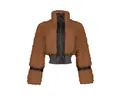 Detailopname van bruine teddyjas met zwart leren patchwork en gespen bij de kraag - S / Tops / Tan