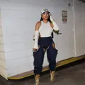Pantalones vaqueros calados de moda para mujer con top de punto blanco estilo calle - S / Bottoms / Azul marino