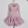 Elegant pink French style mini dress with flared bell sleeves and pleated skirt - L / Tops / Dusky Pink