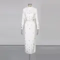 Elegant white two-piece set with beaded rhinestone top and high waist pencil skirt - S / Top And Bottom / White