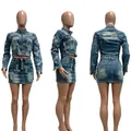 Three-angle detail of blue denim jacket and skirt set with T-letter patches - S / Top And Bottom / Sky Blue
