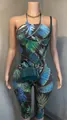 Detail of a tropical palm leaf print halter backless slim-fit stretchy jumpsuit. - S / Top And Bottom / Tropical Palm Leaf Print