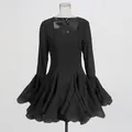 Elegant black French-style short puff dress with bell sleeves and square neck - S / Tops / Black