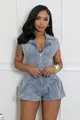 Stylish light blue denim romper with front zipper and trendy bubble hem shorts detail. - S / Top And Bottom / Sky Blue