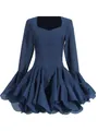 Elegant navy blue French style mini dress with square neckline and ruffled bell sleeves - S / Tops / Navy Blue