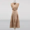 French vintage beige lace embroidery hollow-out two-piece set with flutter sleeves - S / Top And Bottom / Khaki