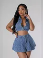 Chic two-piece denim set with grid pattern sleeveless crop top and pleated mini skirt - S / Top And Bottom / Sky Blue