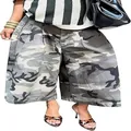 Stylish women street fashion camouflage wide-leg denim pants in vintage grey-green finish - S / Bottom (Camouflage) / Gray
