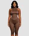 Vue détaillée de la combinaison licou marron à pois avec une taille style corset cintrée. - Brun Foncé