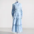 Detailed view of light blue eyelet lace hollow out two-piece retro long dress set - S / Top And Bottom / Blue
