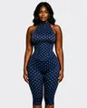 Sleeveless halterneck polka dot cropped jumpsuit with corset-style waist for women. - S / Top And Bottom / Dark Blue
