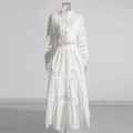 Detailed view of white French retro two-piece set with delicate lace hollow embroidery - S / Top And Bottom / White