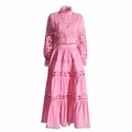 Detailed view of pink French retro lace two-piece set with hollow cutout design - S / Top And Bottom / Pink