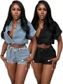 Summer denim two-piece set featuring short sleeve crop top and shorts in blue and black color - S / Top And Bottom / Sky Blue
