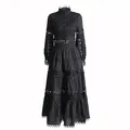 Elegant French vintage black two-piece set with hollow out lace and tiered long skirt - L / Top And Bottom / Black