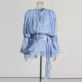 Elegant light blue metallic pleated dress with puffy sleeves and ruffled hem detail for women - Blue