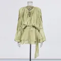 Elegant light green pleated mini dress featuring puff sleeves and ruffled hem detail - Light Green