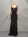 Detailed view of black bandage evening gown with tiered mesh fishtail skirt - S / Top And Bottom / Black