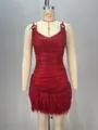 Detailed macro view of sparkling red sequins and plush feather hem on a mini dress - S / Dresses / Red